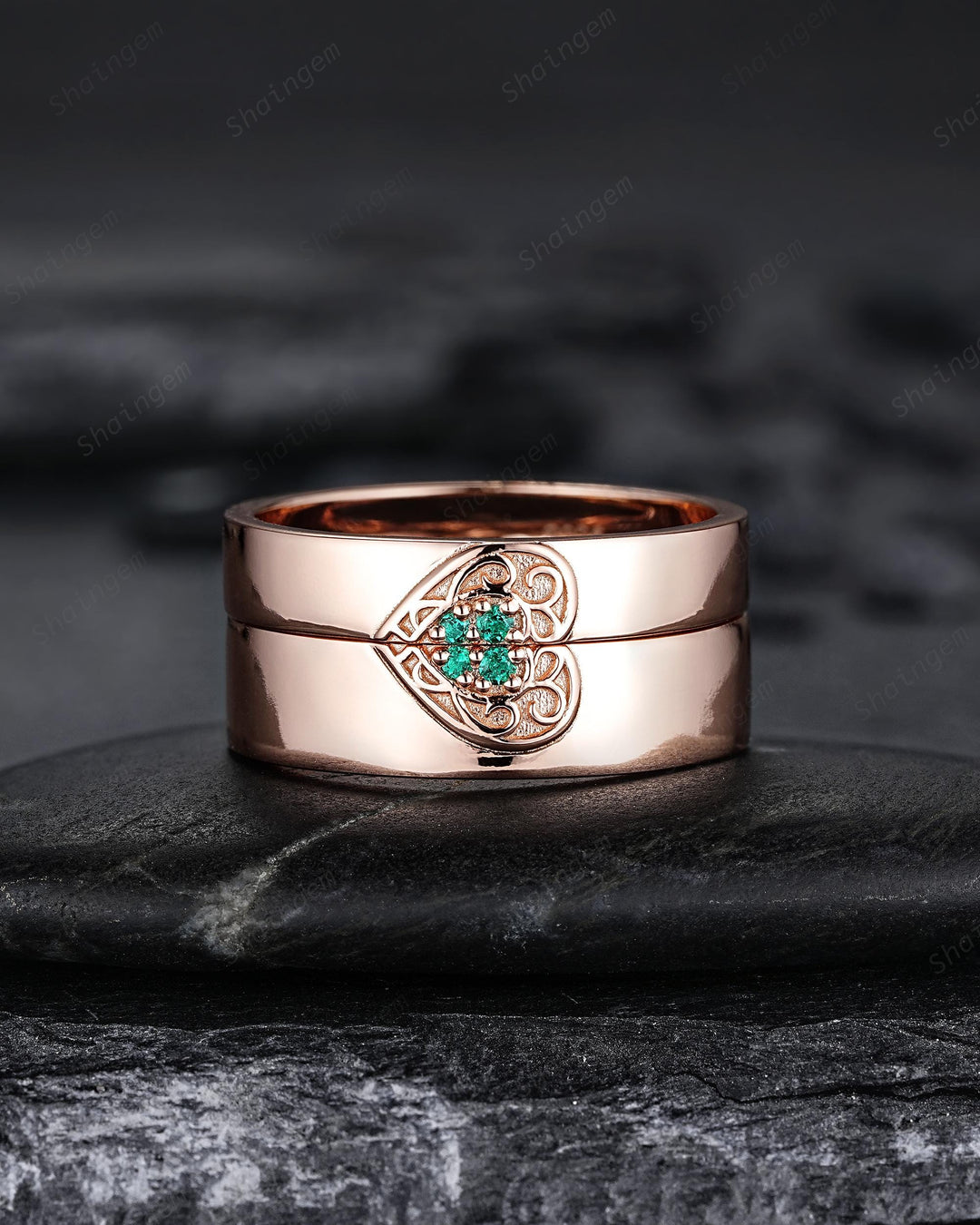 Heart Shape His and Hers Emerald Couple Ring Set, Rose Gold Matching Band for Woman and Man, Love Platinum Promise Ring, Engagement Band - ShainJewelry