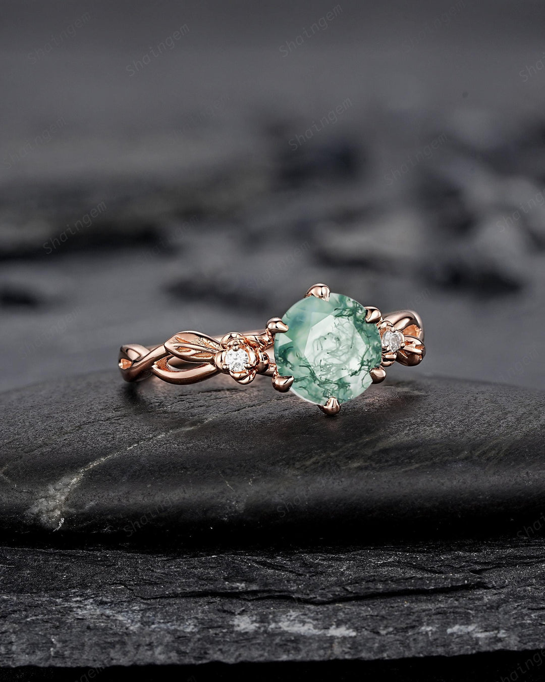 Unique Round Cut Moss Agate Leaf Engagement Ring, Vintage 14K Rose Gold Promise Wedding Ring, Silver 925 Floral Anniversary Ring for Women - ShainJewelry