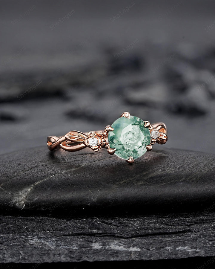 Unique Round Cut Moss Agate Leaf Engagement Ring, Vintage 14K Rose Gold Promise Wedding Ring, Silver 925 Floral Anniversary Ring for Women - ShainJewelry