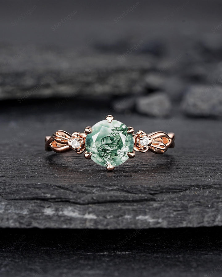 Unique Round Cut Moss Agate Leaf Engagement Ring, Vintage 14K Rose Gold Promise Wedding Ring, Silver 925 Floral Anniversary Ring for Women - ShainJewelry