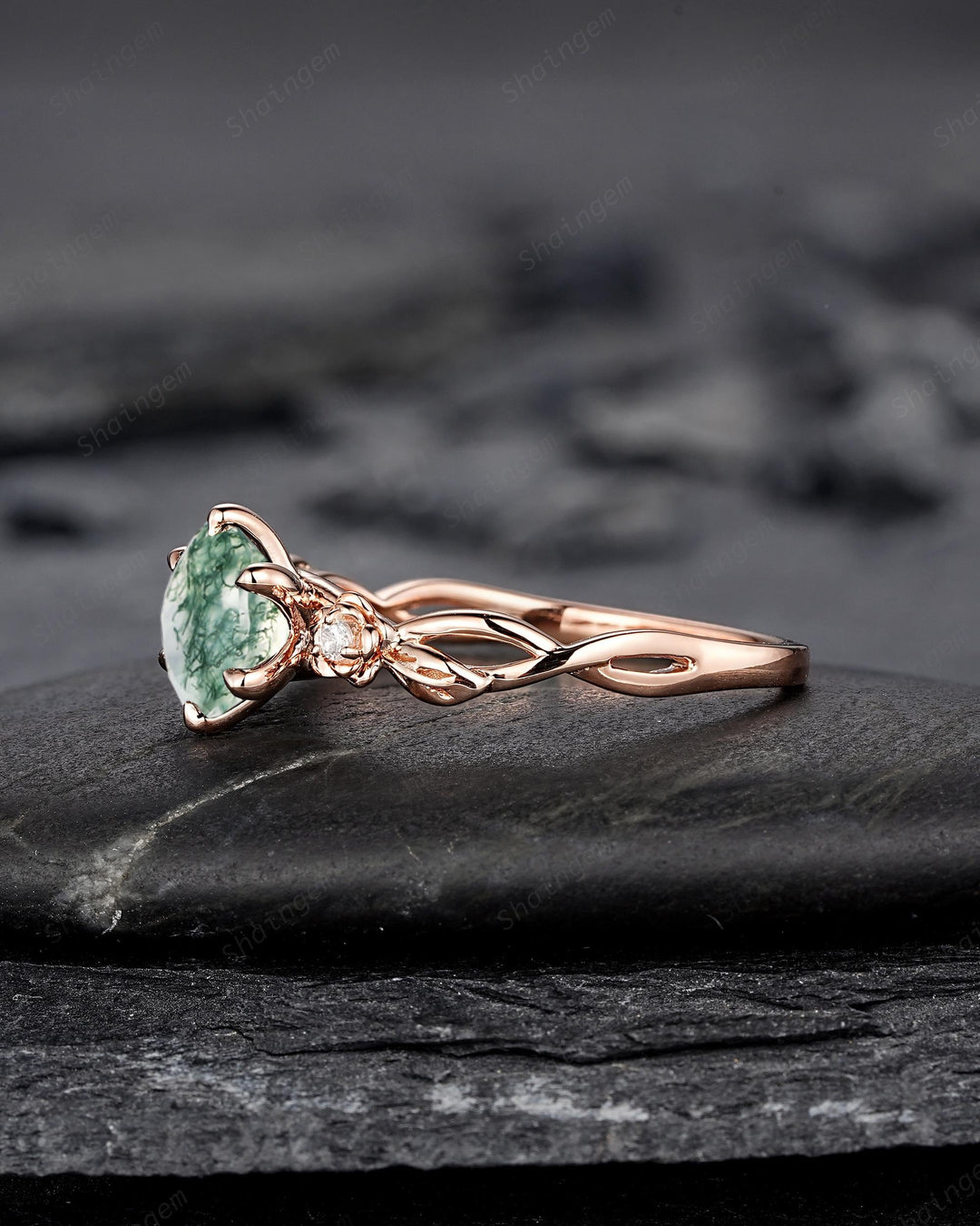 Unique Round Cut Moss Agate Leaf Engagement Ring, Vintage 14K Rose Gold Promise Wedding Ring, Silver 925 Floral Anniversary Ring for Women - ShainJewelry