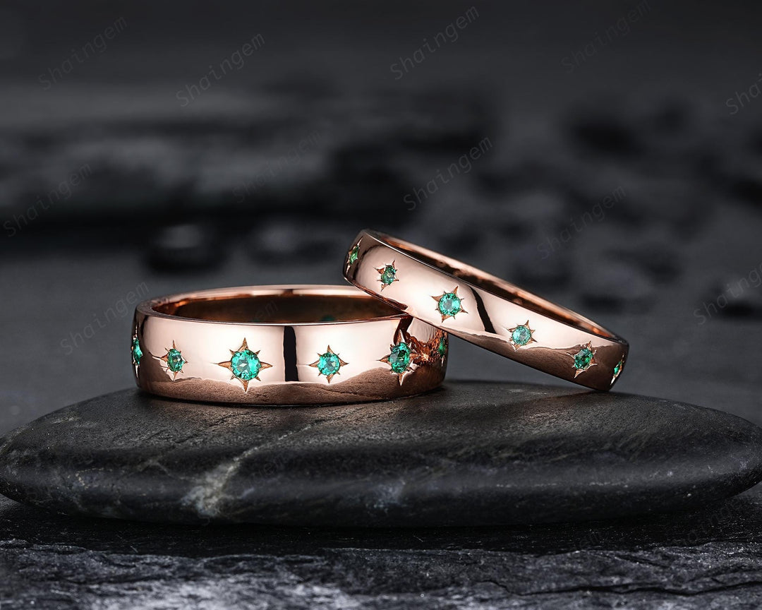 Full Eternity Emerald Couple Promise Ring Rose Gold Galaxy Star Engagement Ring Set May Birthstone His and Hers Wedding Band for Man & Woman - ShainJewelry