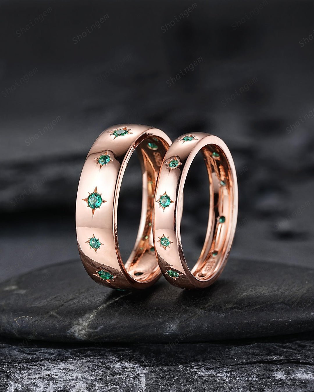Full Eternity Emerald Couple Promise Ring Rose Gold Galaxy Star Engagement Ring Set May Birthstone His and Hers Wedding Band for Man & Woman - ShainJewelry