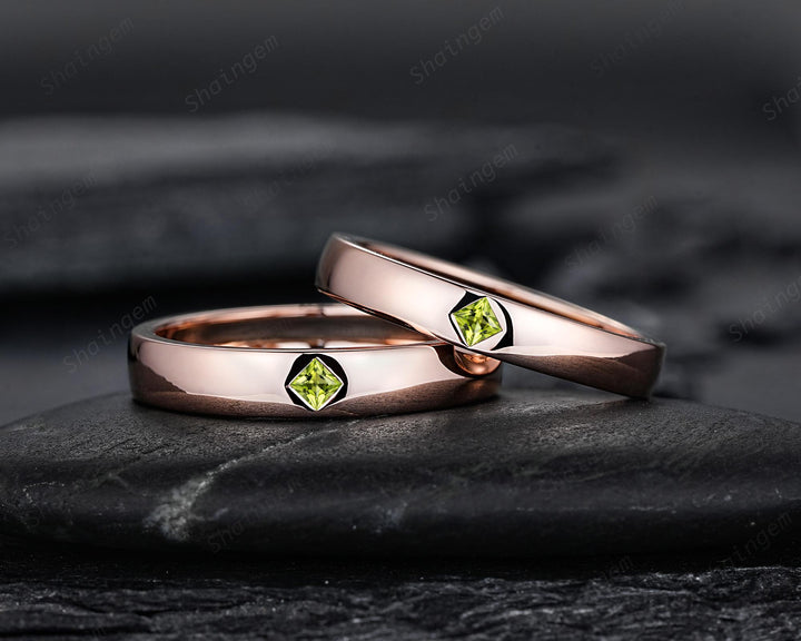 Princess Cut Peridot Couple Ring Set Rose Gold His and Hers Wedding Bands, Natural Peridot Engagement Ring For Women And Men Promise Ring - ShainJewelry