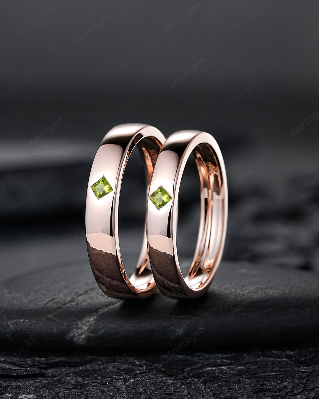 Princess Cut Peridot Couple Ring Set Rose Gold His and Hers Wedding Bands, Natural Peridot Engagement Ring For Women And Men Promise Ring - ShainJewelry