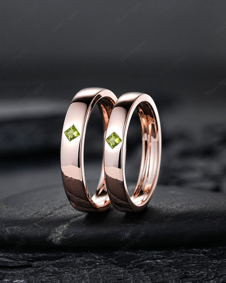 Princess Cut Peridot Couple Ring Set Rose Gold His and Hers Wedding Bands, Natural Peridot Engagement Ring For Women And Men Promise Ring - ShainJewelry