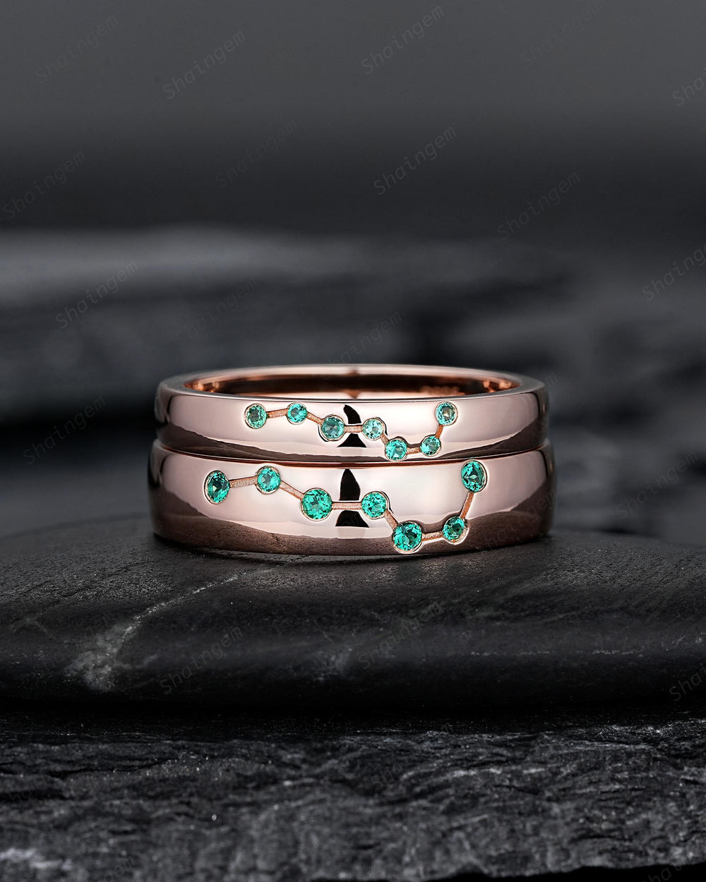 Big Dipper Emerald Couple Promise Ring Rose Gold Galaxy Star Engagement Ring Set May Birthstone His and Hers Wedding Band for Man & Woman - ShainJewelry