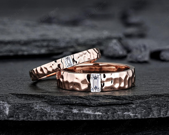 Full Eternity Hammered Design His and Hers Baguette Moissanite Couple Ring Set, Rose Gold Wedding Engagement Band Promise Ring Men and Women - ShainJewelry