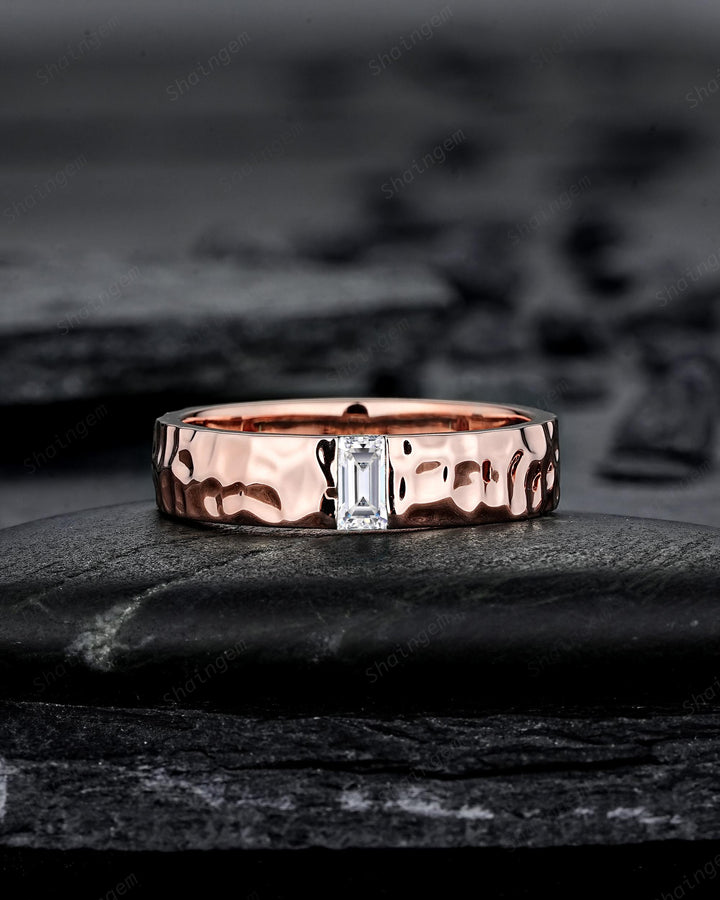 Full Eternity Hammered Design His and Hers Baguette Moissanite Couple Ring Set, Rose Gold Wedding Engagement Band Promise Ring Men and Women - ShainJewelry