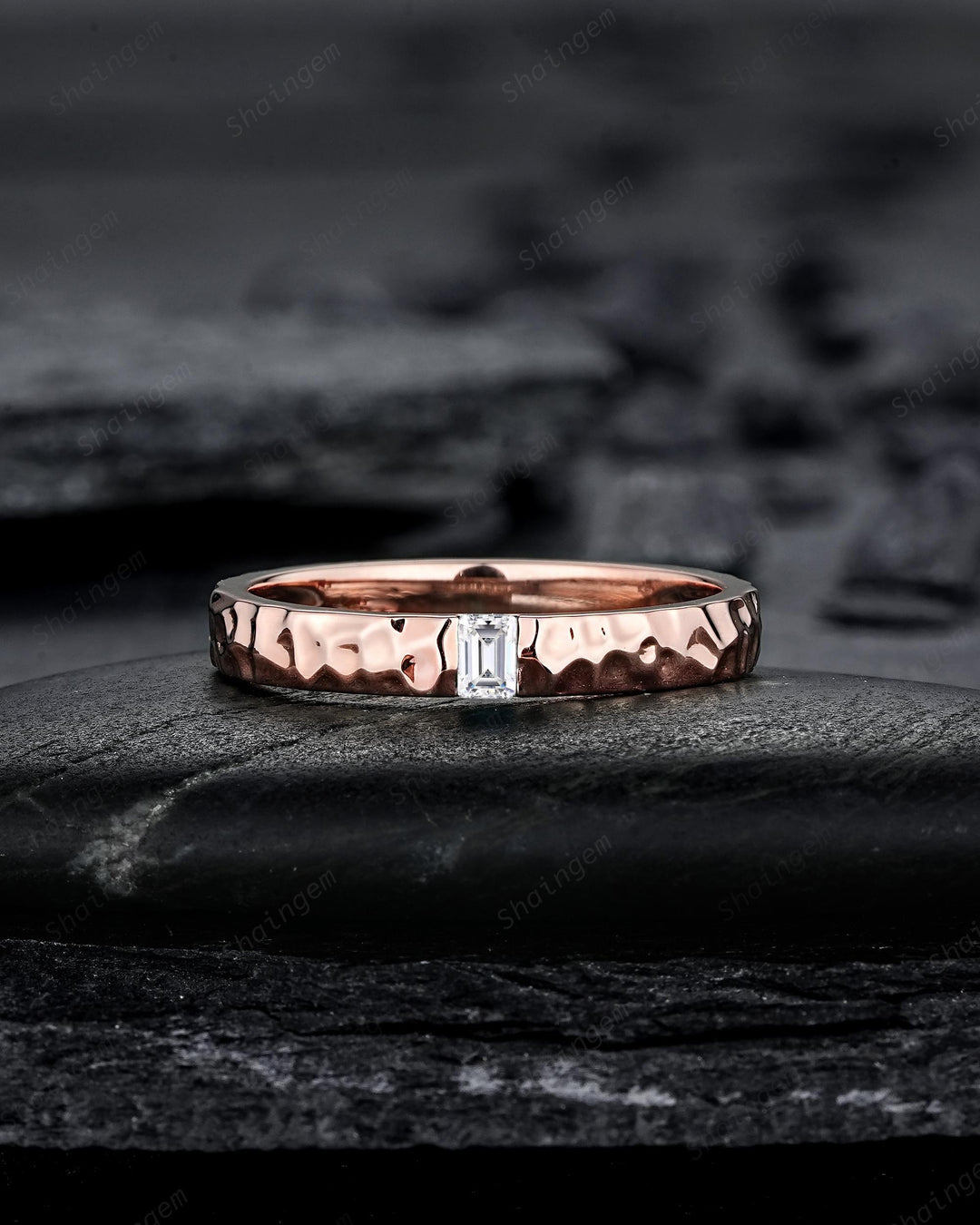 Full Eternity Hammered Design His and Hers Baguette Moissanite Couple Ring Set, Rose Gold Wedding Engagement Band Promise Ring Men and Women - ShainJewelry