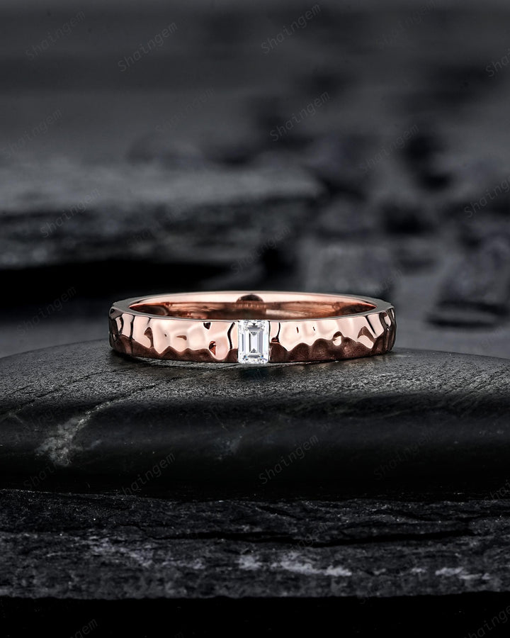 Full Eternity Hammered Design His and Hers Baguette Moissanite Couple Ring Set, Rose Gold Wedding Engagement Band Promise Ring Men and Women - ShainJewelry