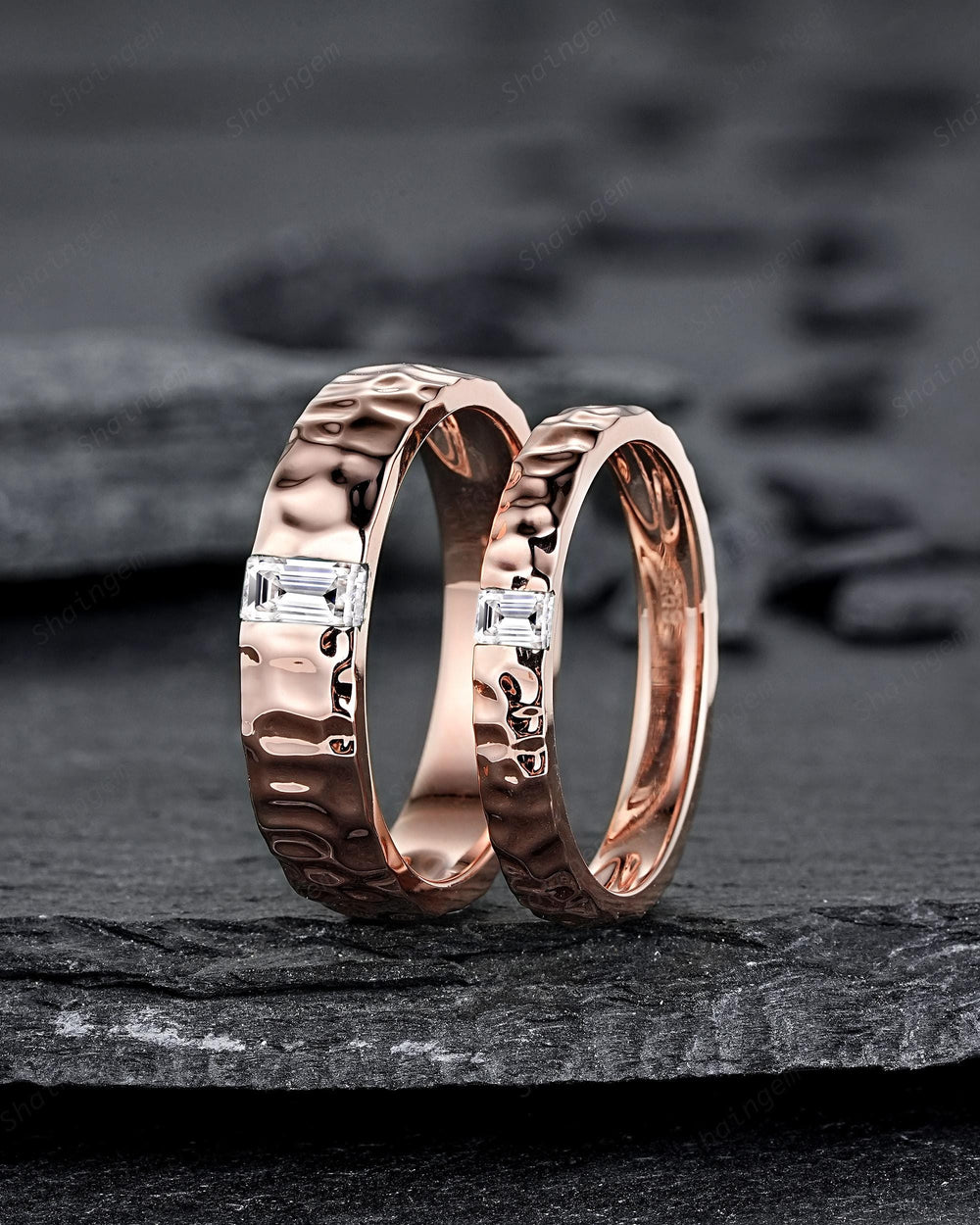 Full Eternity Hammered Design His and Hers Baguette Moissanite Couple Ring Set, Rose Gold Wedding Engagement Band Promise Ring Men and Women - ShainJewelry