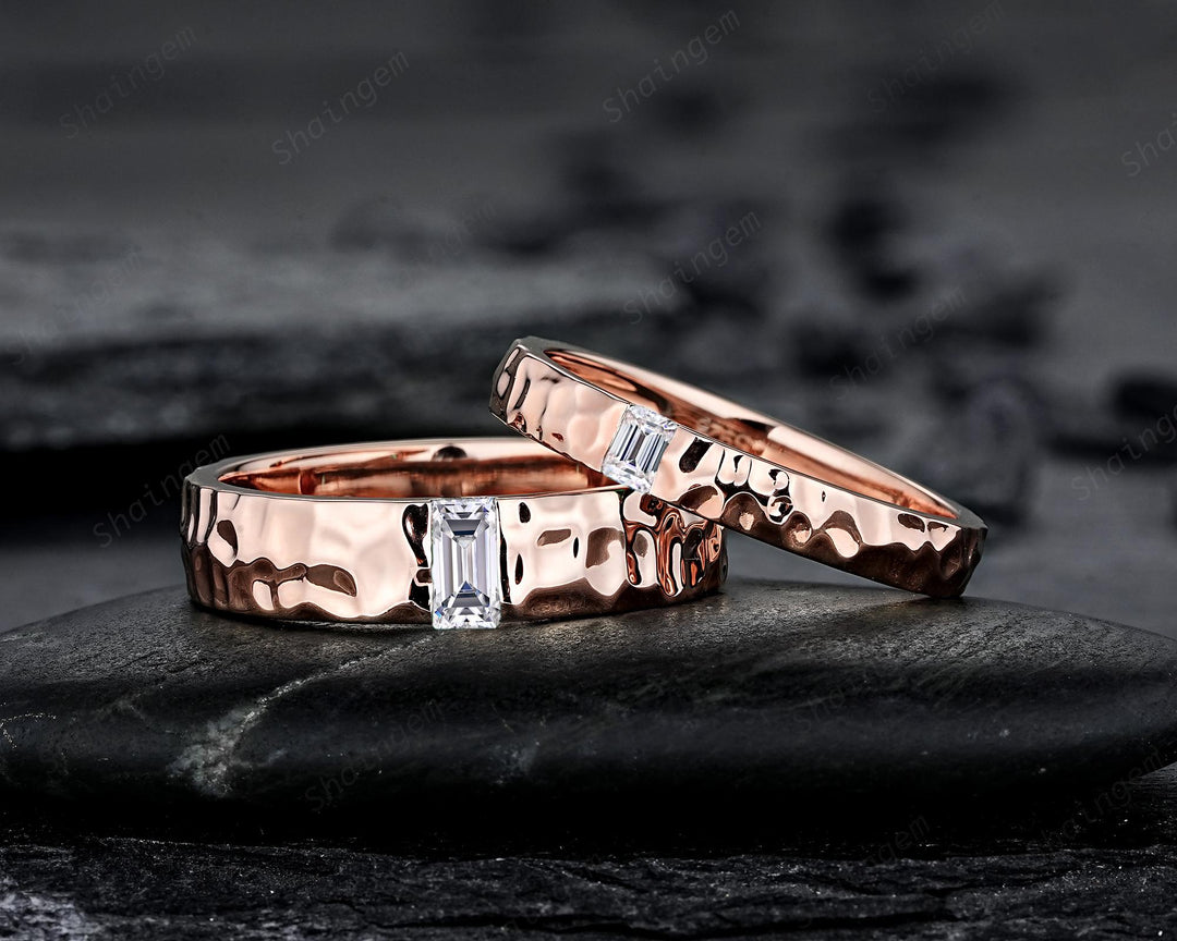 Full Eternity Hammered Design His and Hers Baguette Moissanite Couple Ring Set, Rose Gold Wedding Engagement Band Promise Ring Men and Women - ShainJewelry