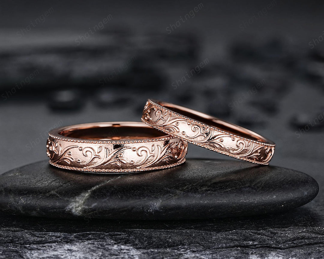 Unique His and Hers Leaf Full Eternity Couple Ring Set Nature Inspired Milgrain Rose Gold Wedding Band Matching Band Engagement Promise Ring - ShainJewelry