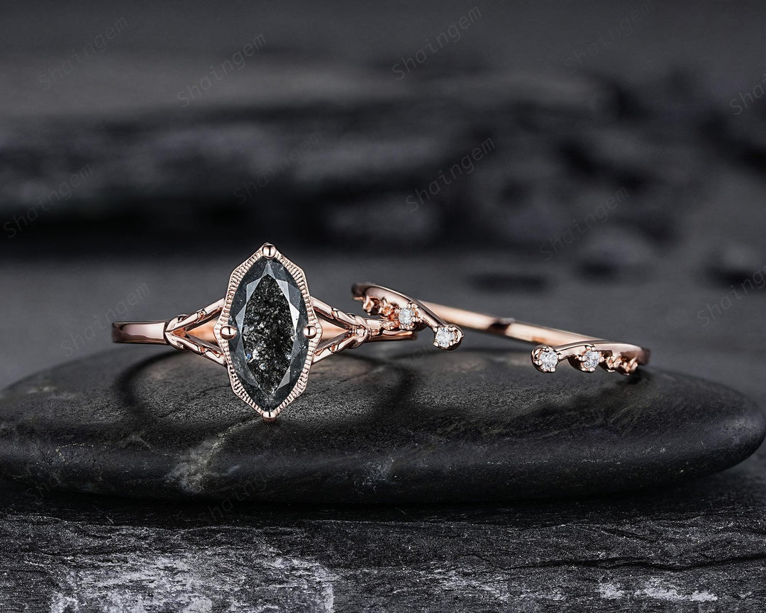 Marquise Cut Salt and Pepper Diamond Promise Ring, Unique Open Gap Wedding Band, Spilt Shank Rose Gold Black Diamond Promise Ring for Women - ShainJewelry