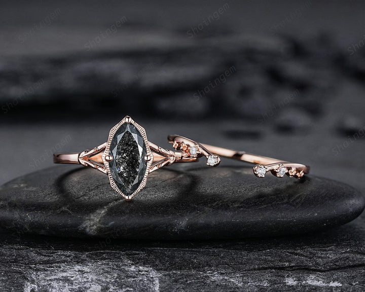 Marquise Cut Salt and Pepper Diamond Promise Ring, Unique Open Gap Wedding Band, Spilt Shank Rose Gold Black Diamond Promise Ring for Women - ShainJewelry