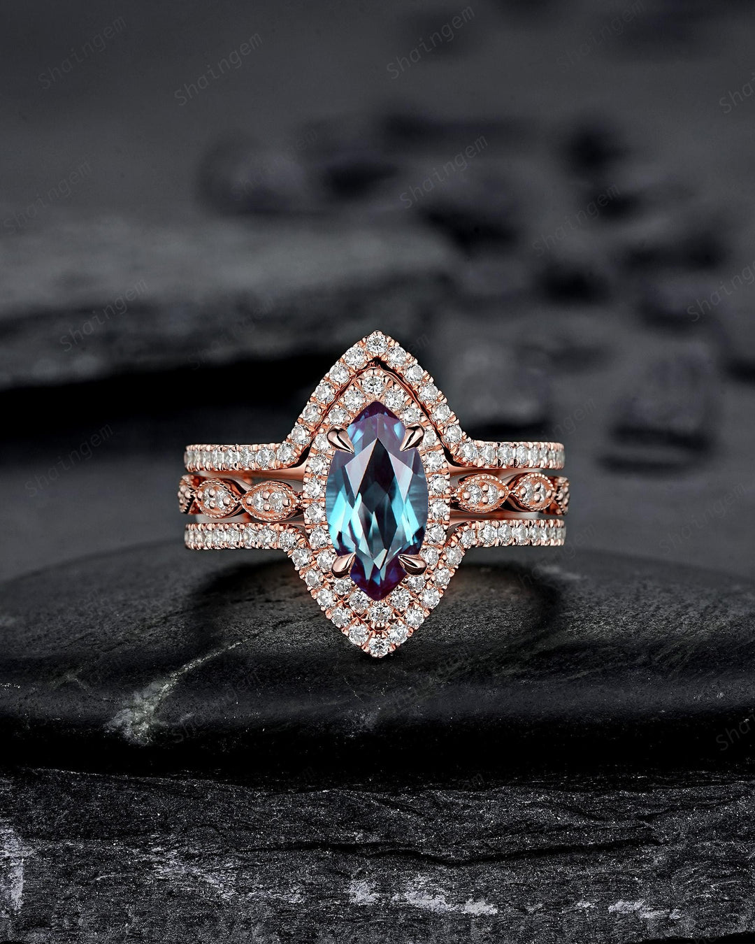 3PCS Marquise Cut Alexandrite Bridal Set, V Shape Ring Guard Spacer Engagement Ring Curved Soldered Band Halo Rose Gold Wedding Promise Ring - ShainJewelry