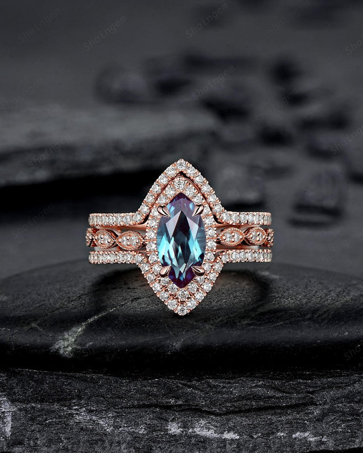3PCS Marquise Cut Alexandrite Bridal Set, V Shape Ring Guard Spacer Engagement Ring Curved Soldered Band Halo Rose Gold Wedding Promise Ring - ShainJewelry
