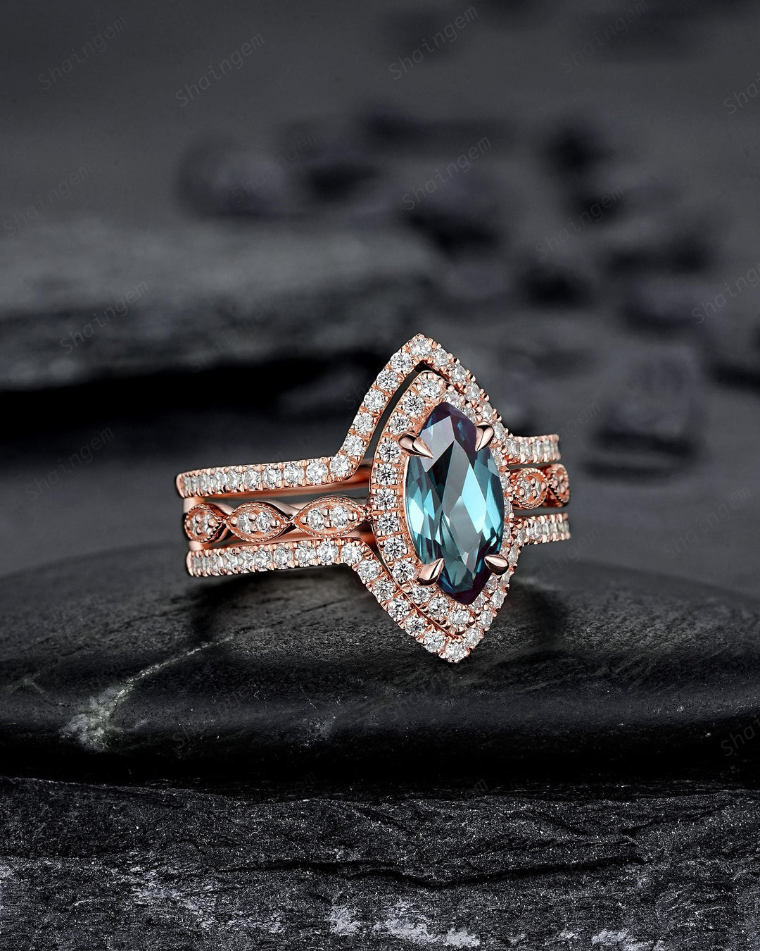 3PCS Marquise Cut Alexandrite Bridal Set, V Shape Ring Guard Spacer Engagement Ring Curved Soldered Band Halo Rose Gold Wedding Promise Ring - ShainJewelry