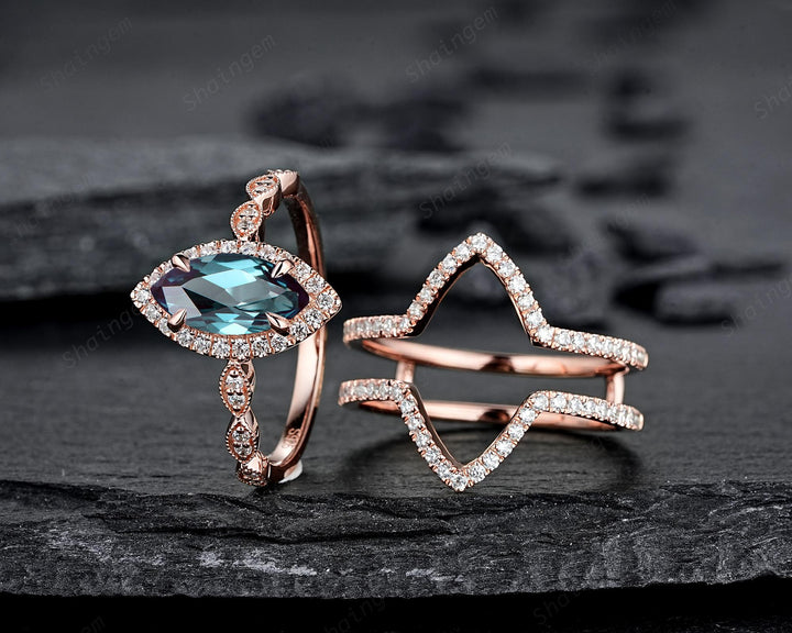 3PCS Marquise Cut Alexandrite Bridal Set, V Shape Ring Guard Spacer Engagement Ring Curved Soldered Band Halo Rose Gold Wedding Promise Ring - ShainJewelry