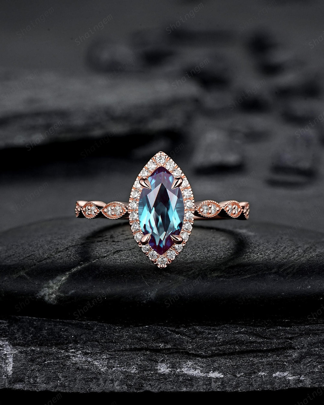 3PCS Marquise Cut Alexandrite Bridal Set, V Shape Ring Guard Spacer Engagement Ring Curved Soldered Band Halo Rose Gold Wedding Promise Ring - ShainJewelry