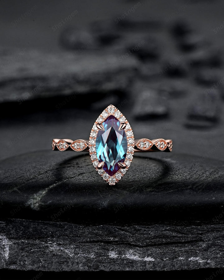 3PCS Marquise Cut Alexandrite Bridal Set, V Shape Ring Guard Spacer Engagement Ring Curved Soldered Band Halo Rose Gold Wedding Promise Ring - ShainJewelry