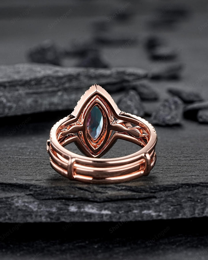 3PCS Marquise Cut Alexandrite Bridal Set, V Shape Ring Guard Spacer Engagement Ring Curved Soldered Band Halo Rose Gold Wedding Promise Ring - ShainJewelry