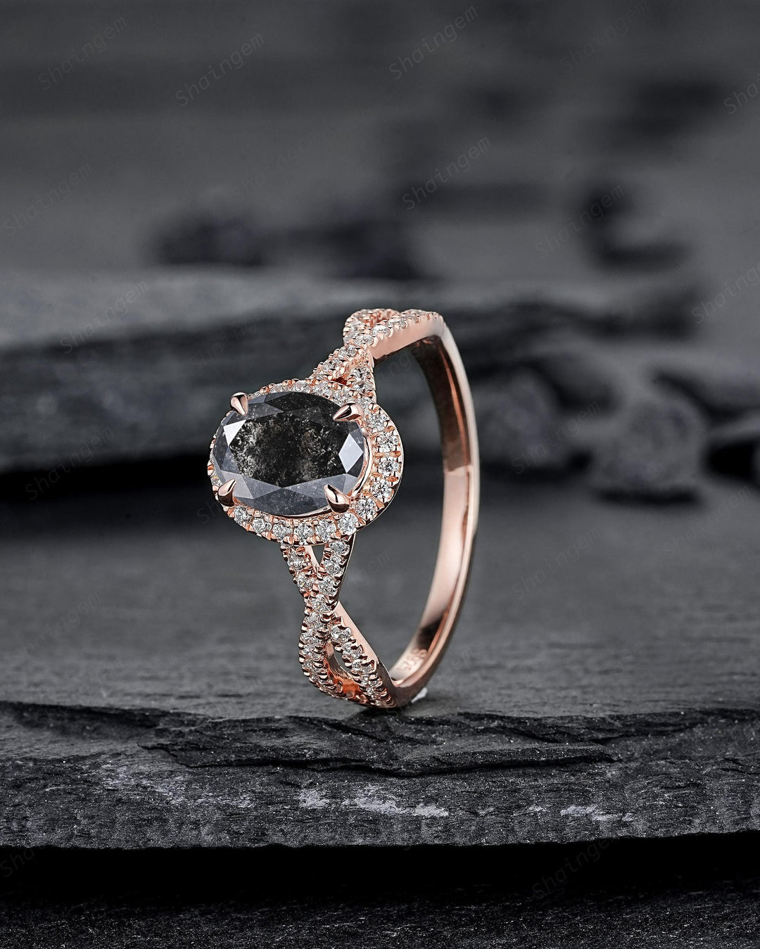 Oval Shape Salt and Pepper Diamond Halo Engagement Ring, Twist Shank Rose Gold Natural Black Diamond Crossover Half Eternity Promise Ring - ShainJewelry