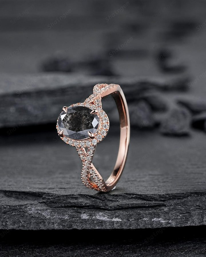 Oval Shape Salt and Pepper Diamond Halo Engagement Ring, Twist Shank Rose Gold Natural Black Diamond Crossover Half Eternity Promise Ring - ShainJewelry