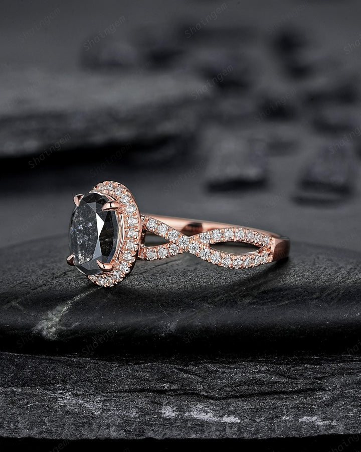 Oval Shape Salt and Pepper Diamond Halo Engagement Ring, Twist Shank Rose Gold Natural Black Diamond Crossover Half Eternity Promise Ring - ShainJewelry
