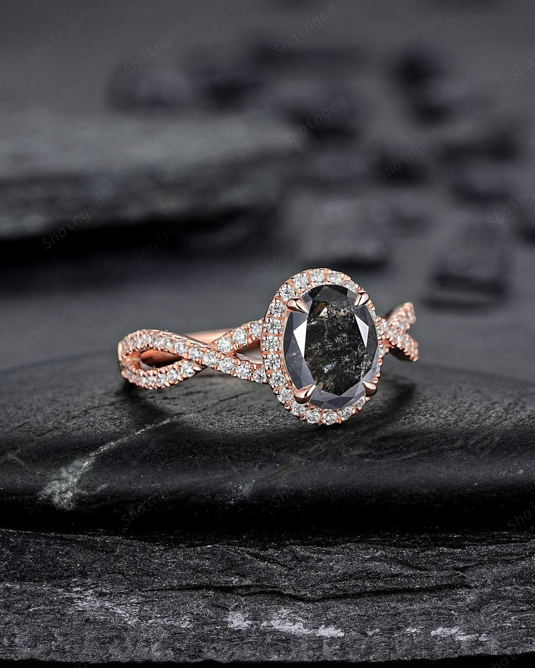 Oval Shape Salt and Pepper Diamond Halo Engagement Ring, Twist Shank Rose Gold Natural Black Diamond Crossover Half Eternity Promise Ring - ShainJewelry