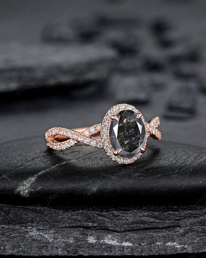 Oval Shape Salt and Pepper Diamond Halo Engagement Ring, Twist Shank Rose Gold Natural Black Diamond Crossover Half Eternity Promise Ring - ShainJewelry