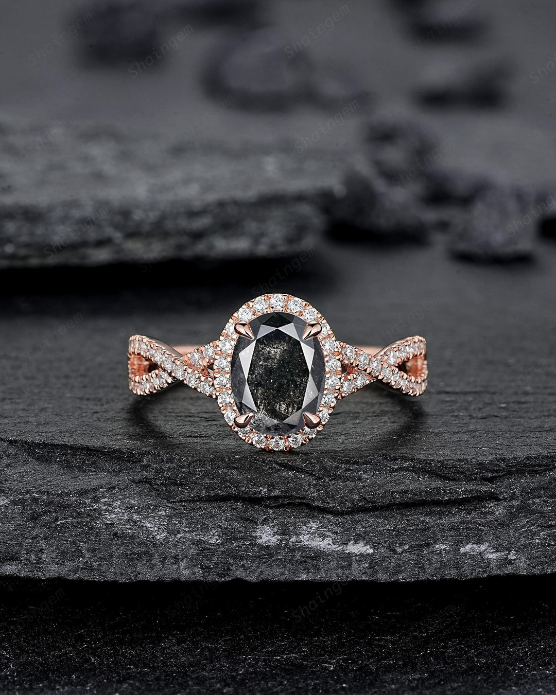 Oval Shape Salt and Pepper Diamond Halo Engagement Ring, Twist Shank Rose Gold Natural Black Diamond Crossover Half Eternity Promise Ring - ShainJewelry
