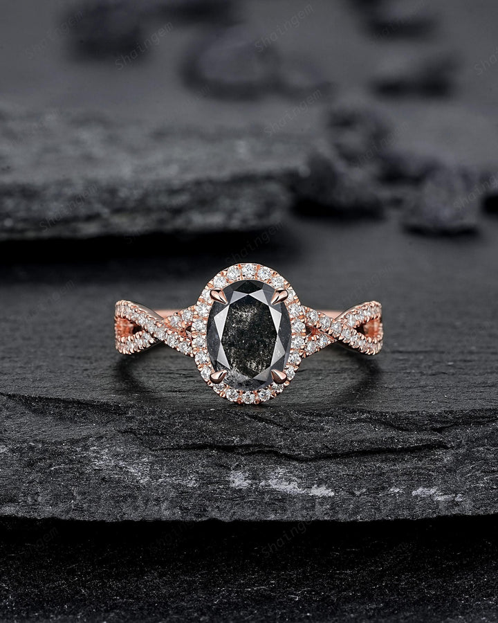 Oval Shape Salt and Pepper Diamond Halo Engagement Ring, Twist Shank Rose Gold Natural Black Diamond Crossover Half Eternity Promise Ring - ShainJewelry