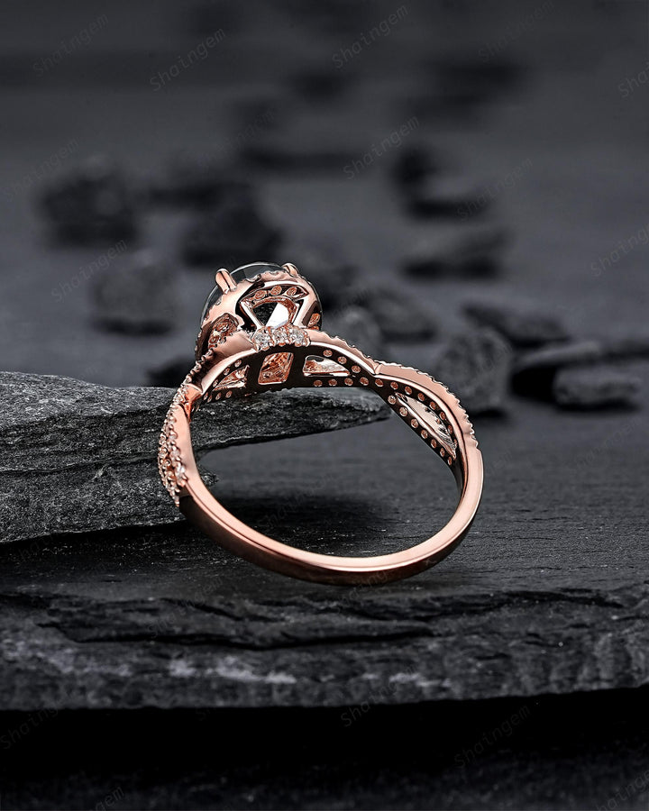 Oval Shape Salt and Pepper Diamond Halo Engagement Ring, Twist Shank Rose Gold Natural Black Diamond Crossover Half Eternity Promise Ring - ShainJewelry