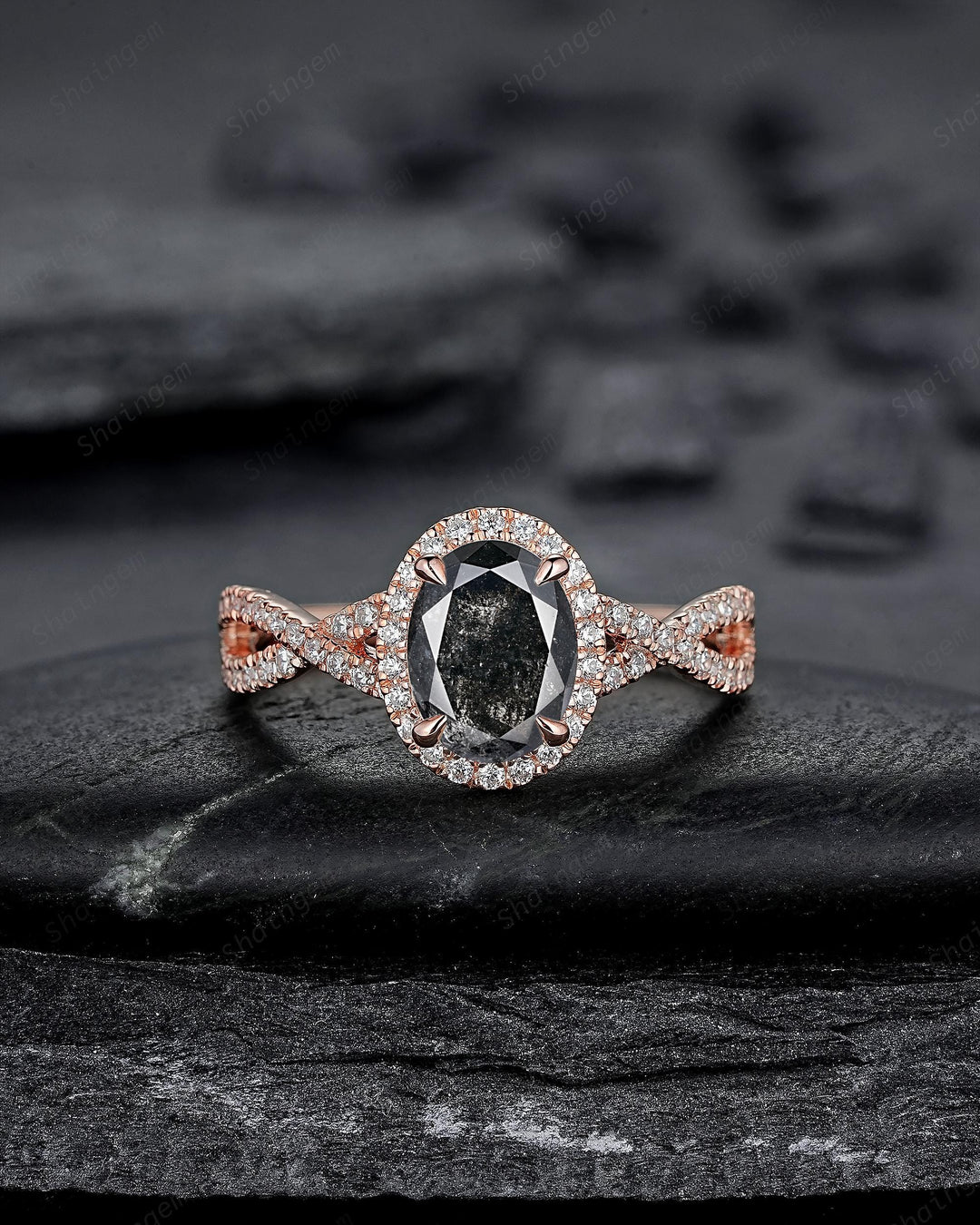 Oval Shape Salt and Pepper Diamond Halo Engagement Ring, Twist Shank Rose Gold Natural Black Diamond Crossover Half Eternity Promise Ring - ShainJewelry