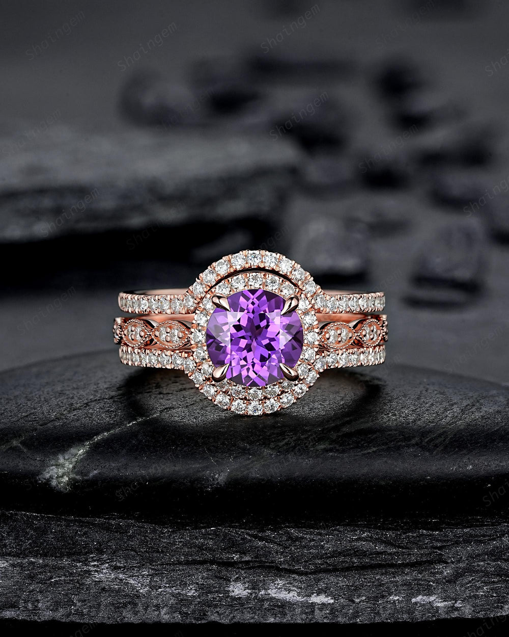 3PCS Round Cut Purple Sapphire Bridal Set, Ring Guard Spacer Engagement Ring Set, Soldered Band Halo Wedding Ring Rose Gold Promise Ring - ShainJewelry
