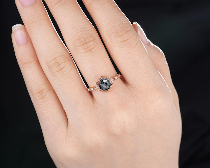 Hexagon Salt and Pepper Diamond Engagement Ring Unique Solid Rose Gold Black Diamond Promise Ring, Natural Gray Diamond Wedding Ring for her - ShainJewelry