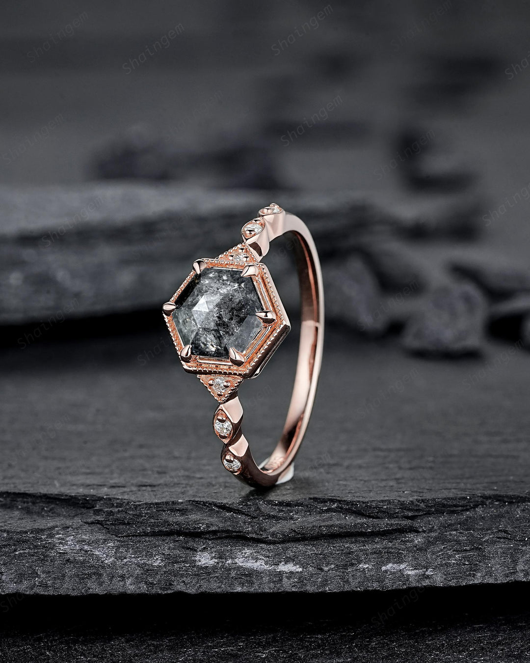 Hexagon Salt and Pepper Diamond Engagement Ring Unique Solid Rose Gold Black Diamond Promise Ring, Natural Gray Diamond Wedding Ring for her - ShainJewelry