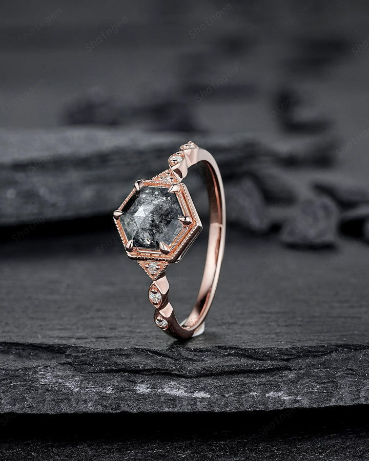 Hexagon Salt and Pepper Diamond Engagement Ring Unique Solid Rose Gold Black Diamond Promise Ring, Natural Gray Diamond Wedding Ring for her - ShainJewelry