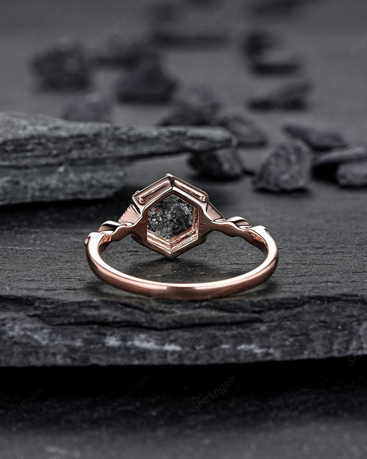 Hexagon Salt and Pepper Diamond Engagement Ring Unique Solid Rose Gold Black Diamond Promise Ring, Natural Gray Diamond Wedding Ring for her - ShainJewelry