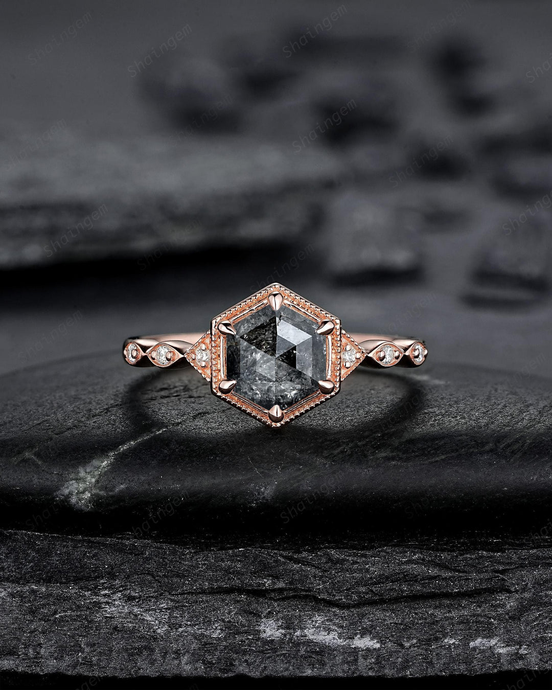 Hexagon Salt and Pepper Diamond Engagement Ring Unique Solid Rose Gold Black Diamond Promise Ring, Natural Gray Diamond Wedding Ring for her - ShainJewelry