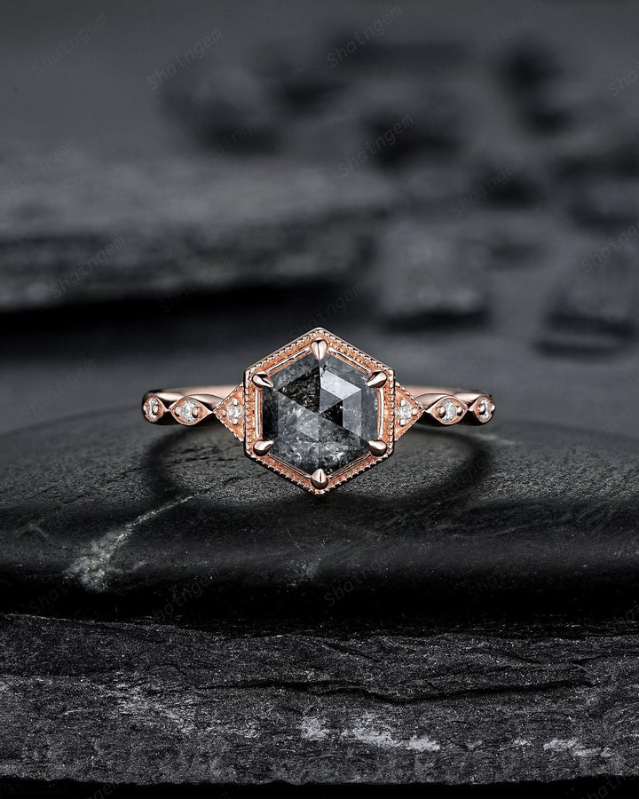Hexagon Salt and Pepper Diamond Engagement Ring Unique Solid Rose Gold Black Diamond Promise Ring, Natural Gray Diamond Wedding Ring for her - ShainJewelry