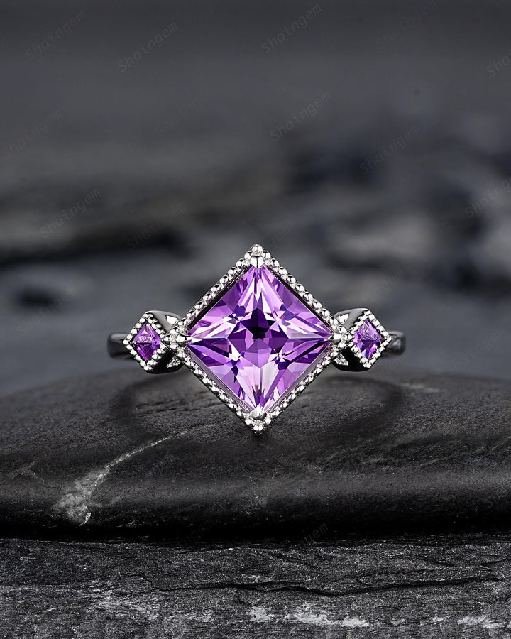Vintage Princess Cut Amethyst Engagement Ring, 14k White Gold February Birthstone Wedding Promise Ring, Unique Milgrain Three Stones Ring - ShainJewelry