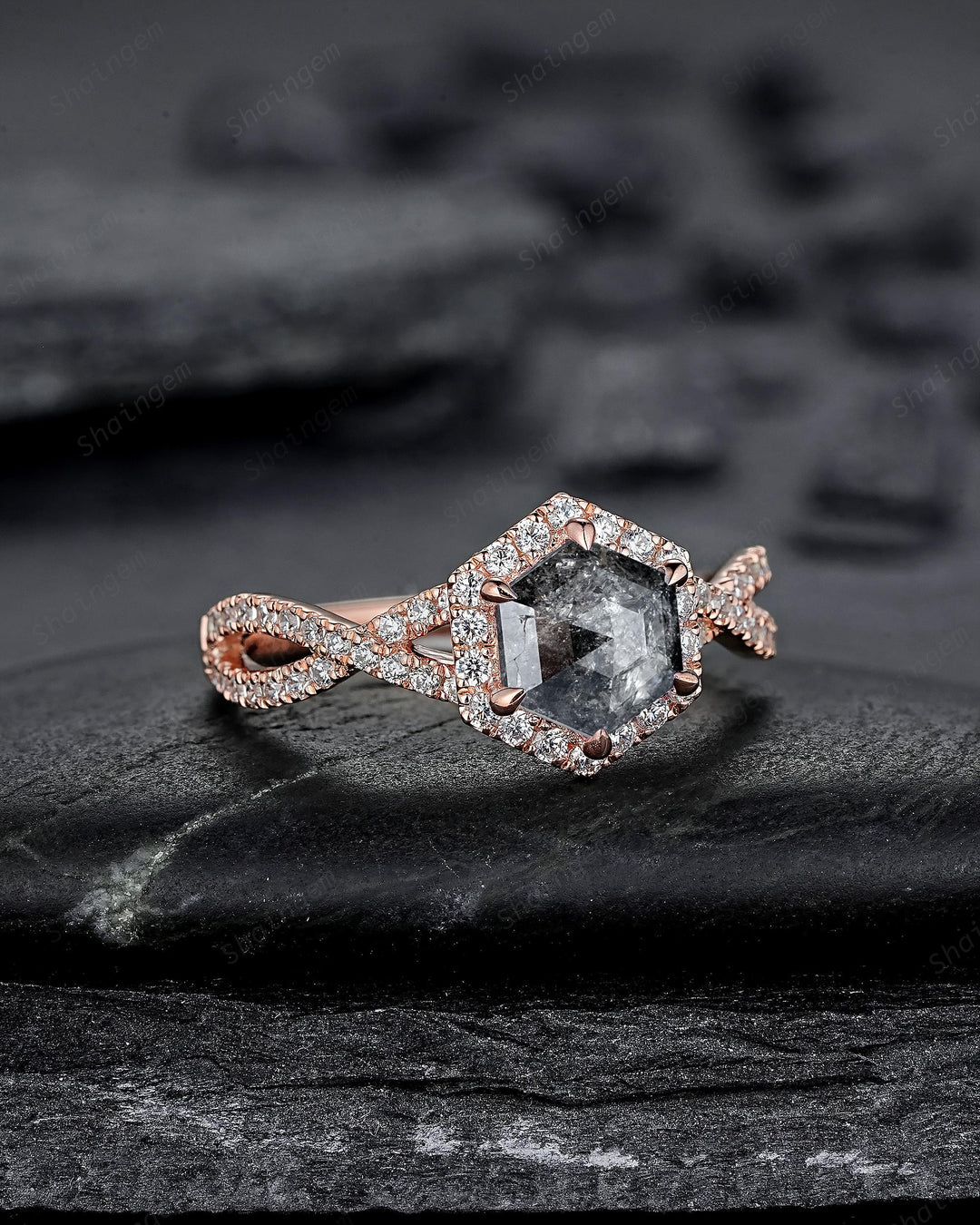 Hexagon Salt and Pepper Diamond Crossover Shank Engagement Ring Solid Rose Gold Halo Natural Gray Diamond Half Eternity Wedding Promise Ring - ShainJewelry