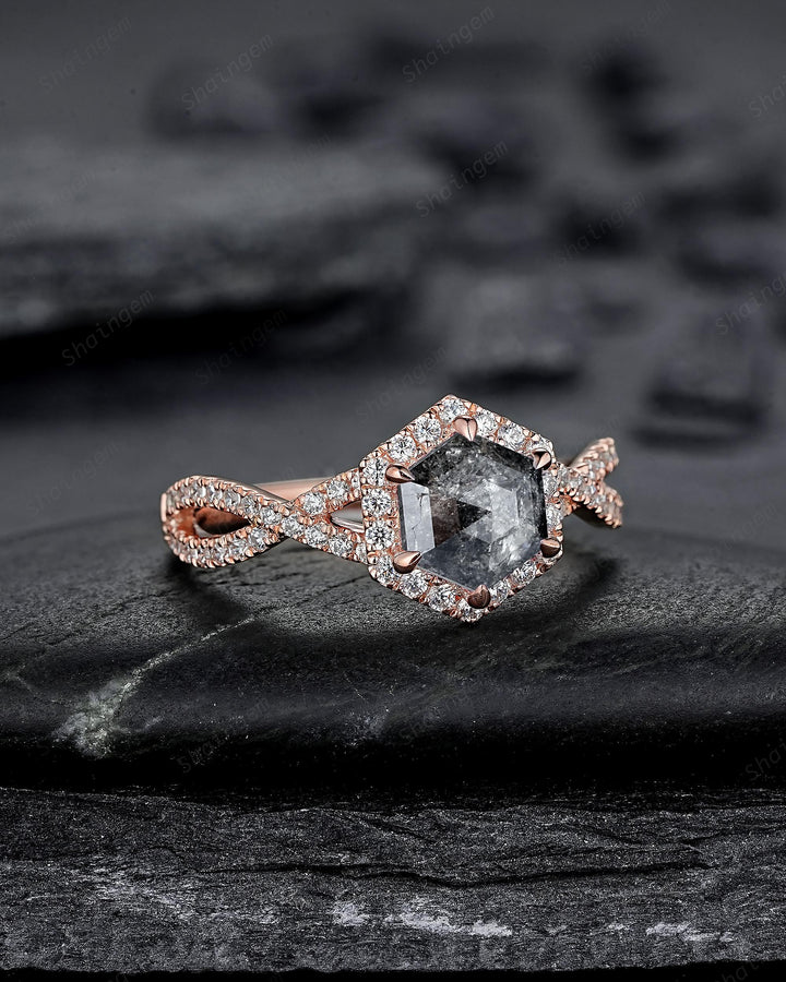 Hexagon Salt and Pepper Diamond Crossover Shank Engagement Ring Solid Rose Gold Halo Natural Gray Diamond Half Eternity Wedding Promise Ring - ShainJewelry