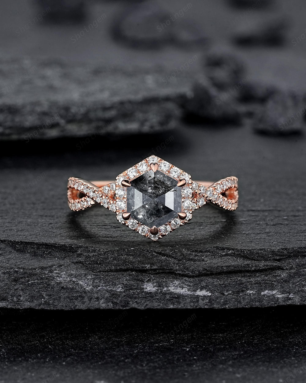 Hexagon Salt and Pepper Diamond Crossover Shank Engagement Ring Solid Rose Gold Halo Natural Gray Diamond Half Eternity Wedding Promise Ring - ShainJewelry