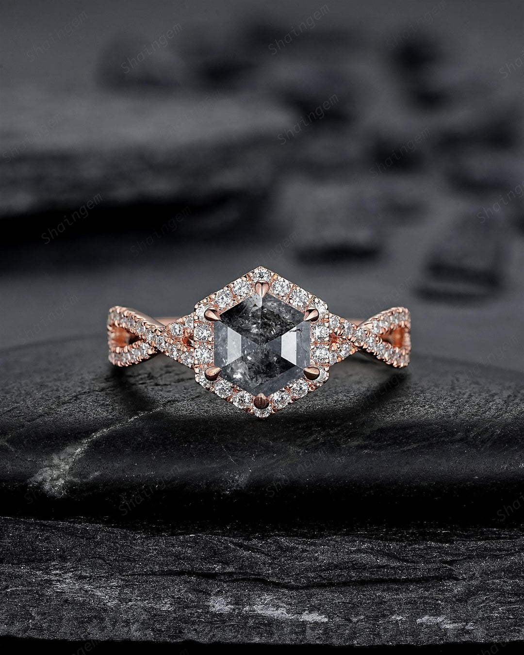 Hexagon Salt and Pepper Diamond Crossover Shank Engagement Ring Solid Rose Gold Halo Natural Gray Diamond Half Eternity Wedding Promise Ring - ShainJewelry