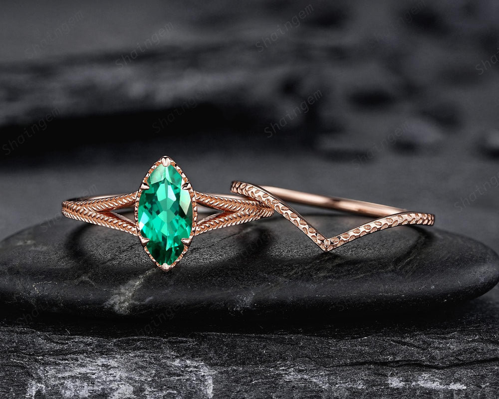 Spilt Shank Marquise Emerald Engagement Ring, Unique Curved May Birthstone Wedding Promise Ring, V Shape Milgrain Rose Gold Anniversary Ring - ShainJewelry
