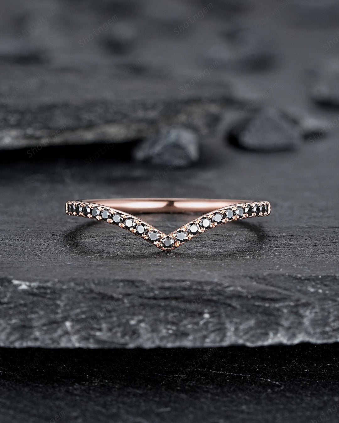Vintage Black Diamond Curved Wedding Band, Rose Gold Chevron Nesting Band, Black Moissanite V Shaped Matching Stacking Ring Anniversary Band - ShainJewelry